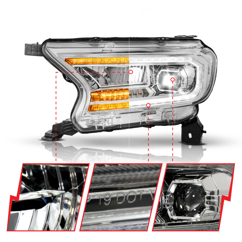 ANZO 19-23 Ford Ranger (Factory Halogen Models) Full LED Proj Headlights DRL/SeqSig Chrome - Pair 111633A