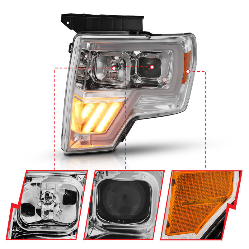 ANZO 2009-2014 Ford F-150 Projector Headlight Chrome Amber 111446