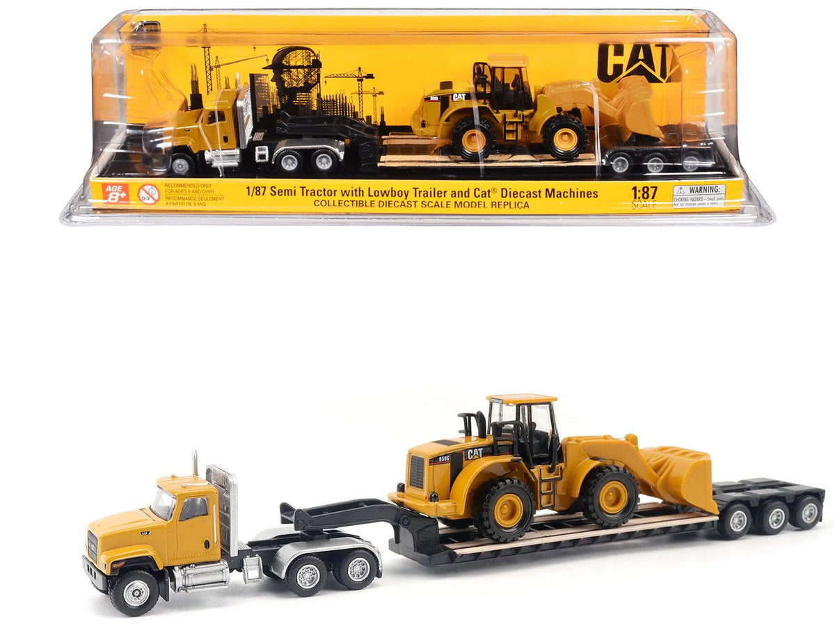 Rapid Vehicles CAT Caterpillar CT681 Day Cab Tractor Yellow with Lowboy Trailer and CAT 950G...