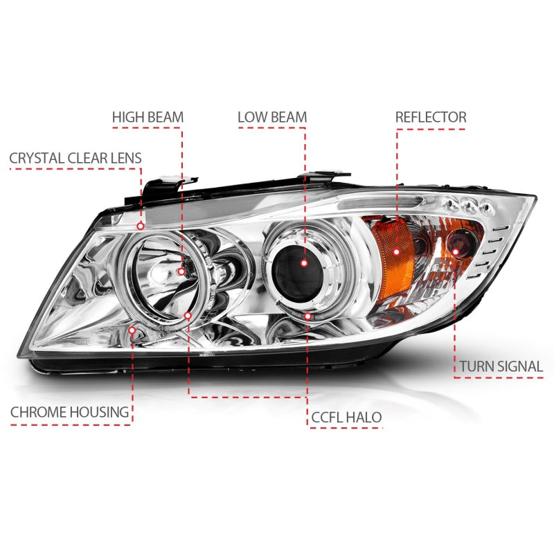 Anzo 2006-2008 BMW 3 Series E90-E91 Projector Headlights w/ Halo w/ LED Bar