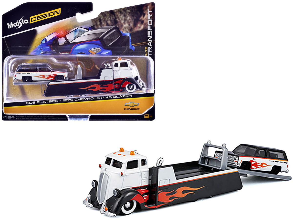 Rapid Vehicles COE Flatbed Truck White and Black with Flame Graphics and 1979 Chevrolet K5 Blazer...