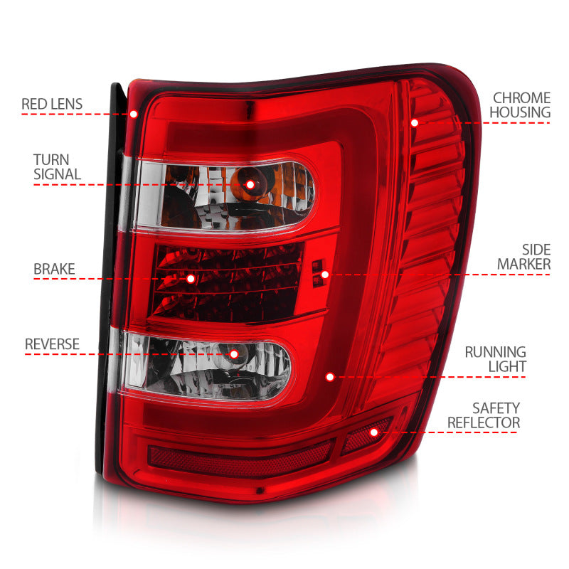 FR SPORT ANZO 1999-2004 Jeep Grand Cherokee LED Tail Lights w/ Light Bar Chrome Housing Red/Clear...