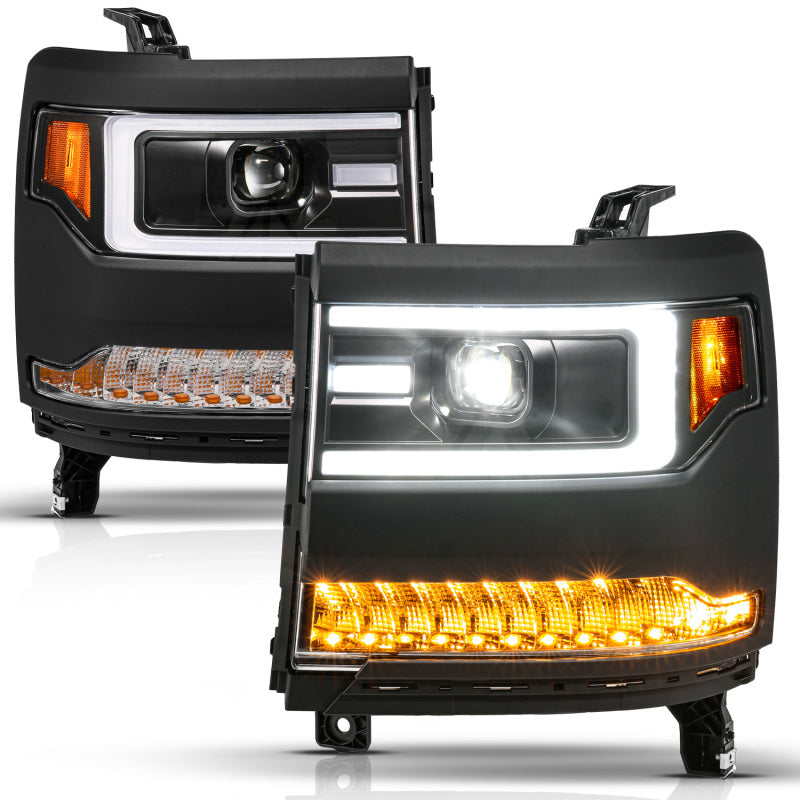 ANZO 16-18 Chevy Silverado1500 (Factory HID Models) LED Proj Light Bar Style Headlights Black - Pair 111624A