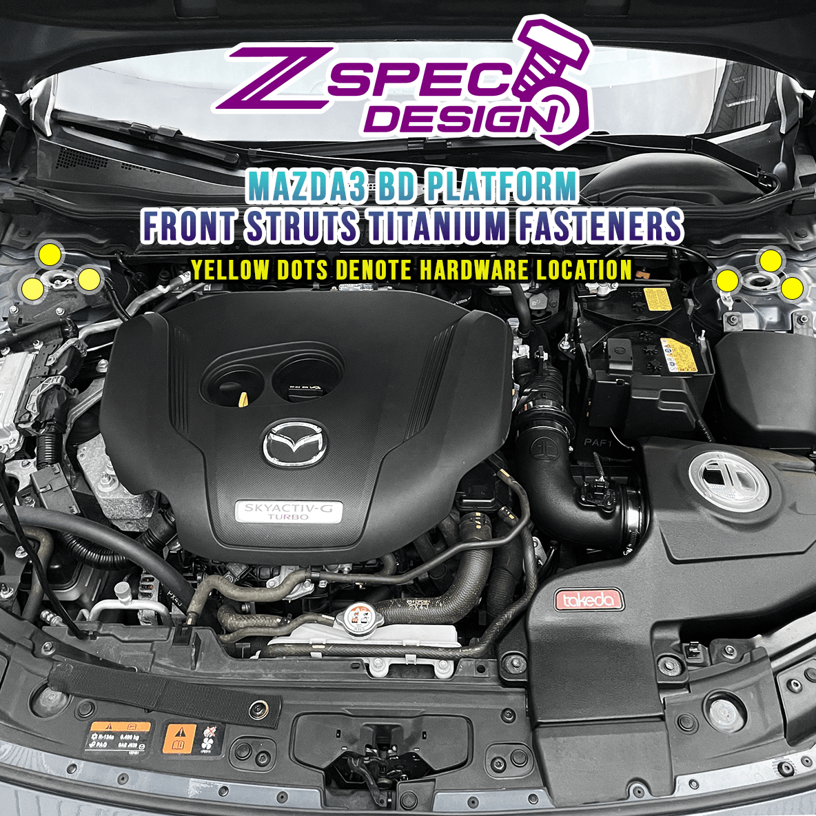 ZSPEC Front-Struts Dress-Up Fastener Kit for the '19+ Mazda3 2.5 Turbo BP, Titanium