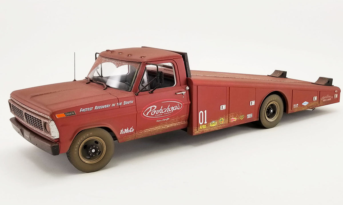 STM Diecast Acme 1970 Ford F-350 Ramp Truck Porkchop's Chop Shop Rusted Look Sports Red Primer 1:18