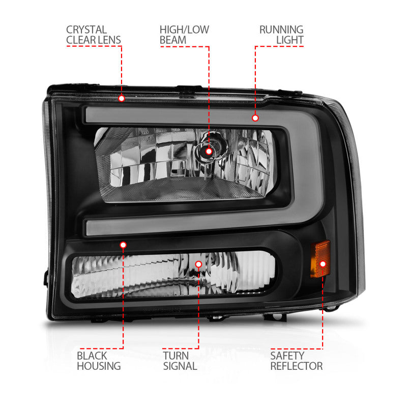 FR SPORT ANZO 99-04 Ford F250/F350/F450/Excursion (excl. 99) Crystal Headlights - w/ Light Bar...