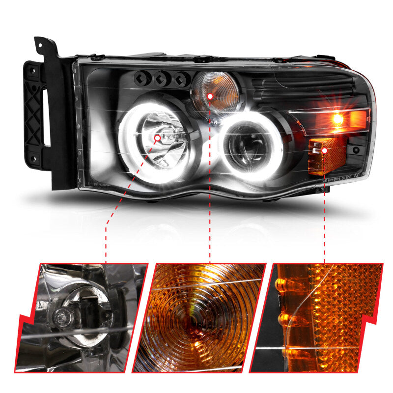 FR SPORT ANZO 2002-2005 Dodge Ram 1500 Projector Headlights w/ Halo Black Clear Amber 111490 -...