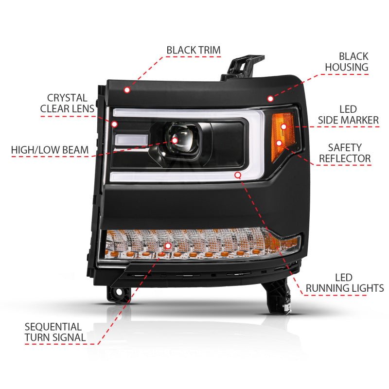 ANZO 16-18 Chevy Silverado1500 (Factory HID Models) LED Proj Light Bar Style Headlights Black - Pair 111624A