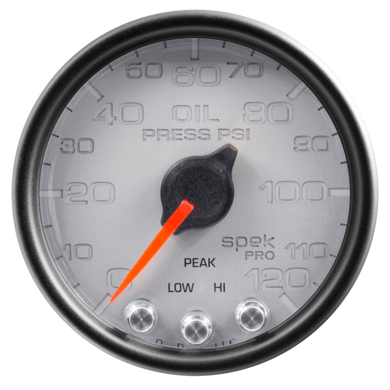 FR SPORT AutoMeter Gauge Oil Press 2-1/16in. 120PSI Stepper Motor W/Peak & Warn Slvr/Blk Spek...