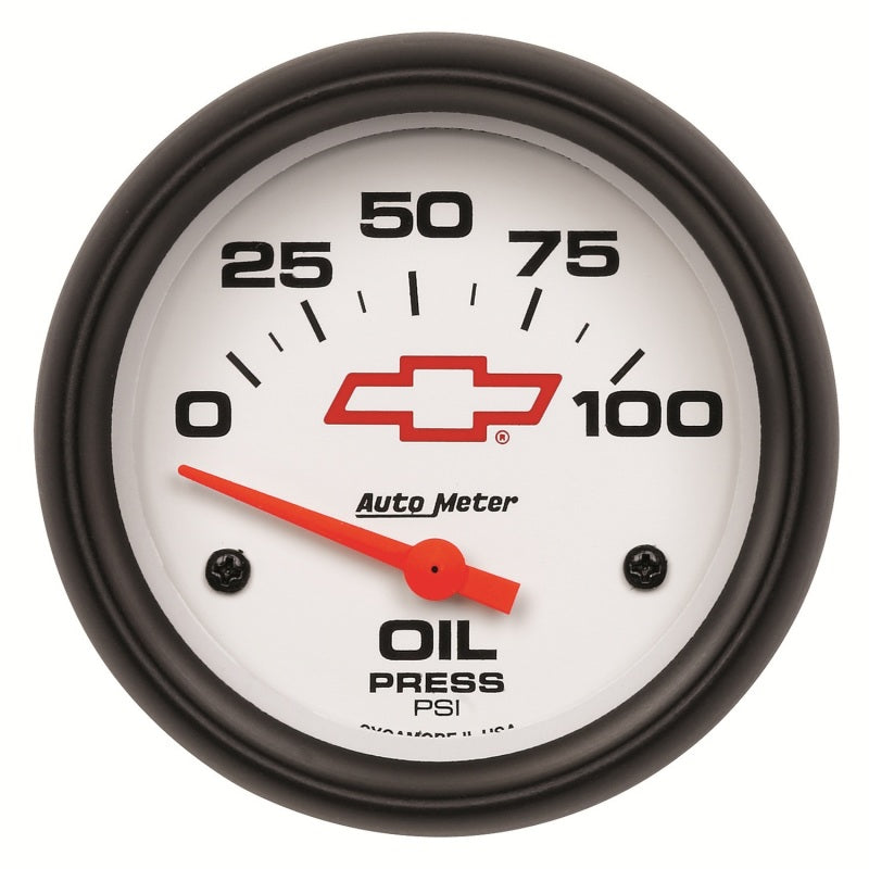 FR SPORT AutoMeter Gauge Oil Pressure 2-5/8in. 100PSI Electric Chevy Red Bowtie White 5827-00406