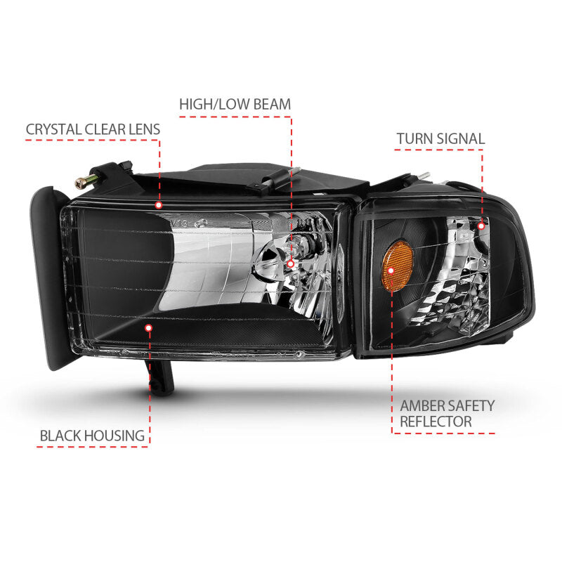 Anzo Black Crystal Headlights 1994-2001 Dodge Ram 1500