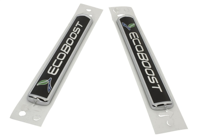 Ford Racing Black/Silver EcoBoost Emblem 3-1/2in x 9/16in - Set of 2 M-1447-EBBLK