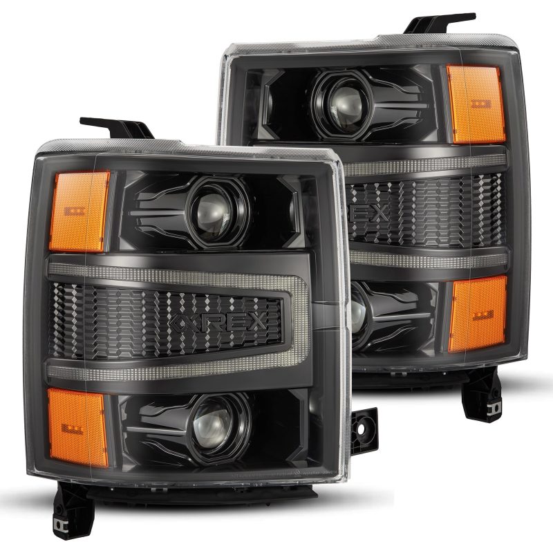 FR SPORT AlphaRex 04-15 Chevy 1500HD LUXX LED Proj Headlights Alpha-Black w/Seq Activation Light...