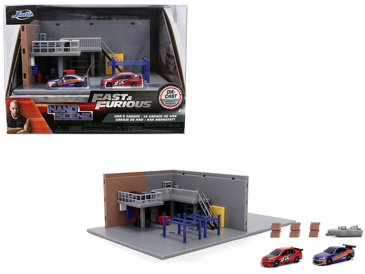Rapid Vehicles "Fast & Furious" Han's Garage Diorama with 2 Cars and Accessories "Nano Scene"...