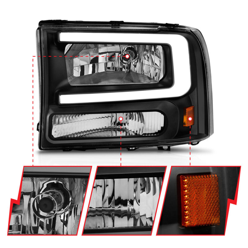 FR SPORT ANZO 99-04 Ford F250/F350/F450/Excursion (excl. 99) Crystal Headlights - w/ Light Bar...