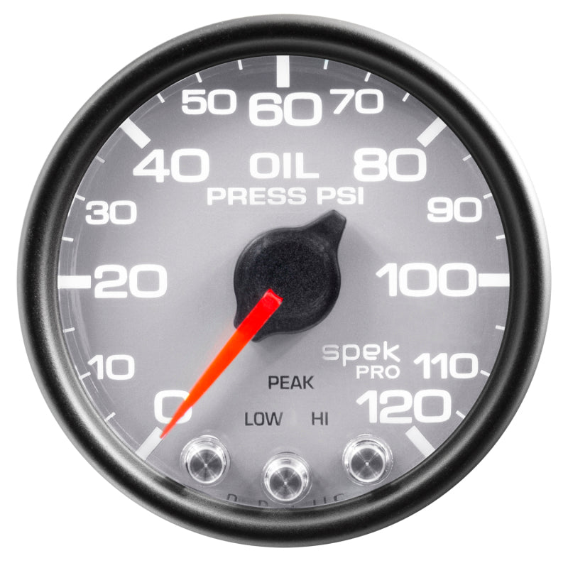 FR SPORT AutoMeter Gauge Oil Press 2-1/16in. 120PSI Stepper Motor W/Peak & Warn Slvr/Blk Spek P32522