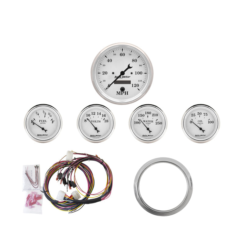 Autometer Old Tyme White 5 Piece Kit (MPH/FUEL/OILP/WTMP/BAT) 59-60 Chevy Car Direct-Fit Dash Kit 7034-OTW