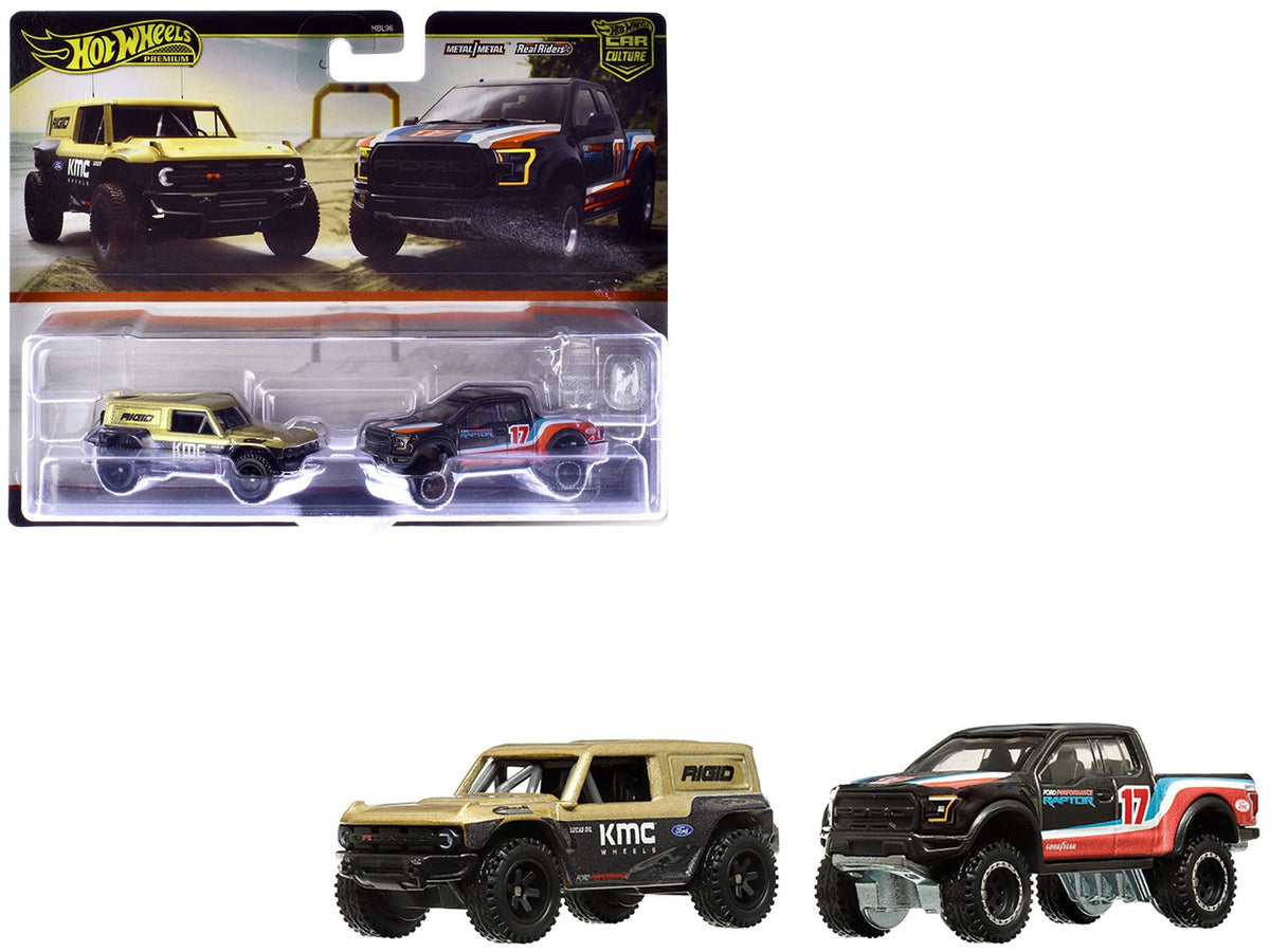 Rapid Vehicles Ford Bronco R Gold Metallic and Black and 2017 Ford F-150 Raptor Pickup Truck #17...