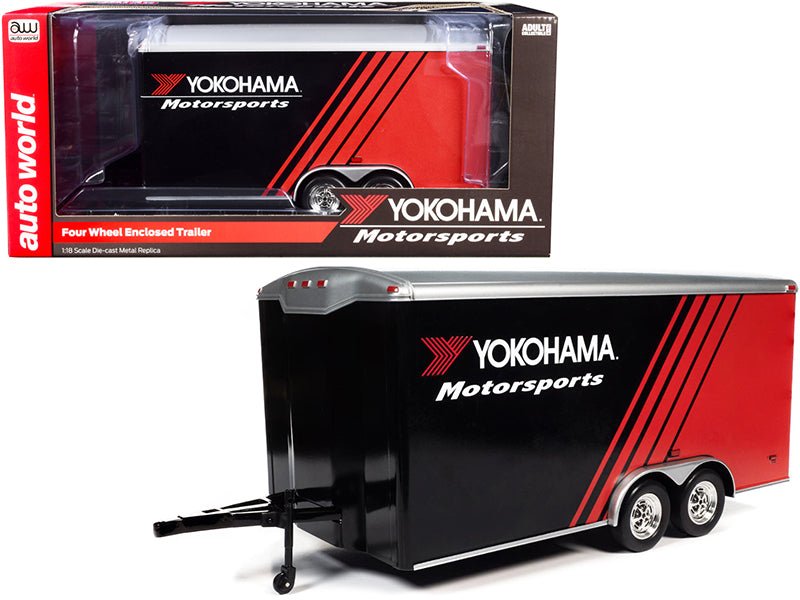 Rapid Vehicles Four Wheel Enclosed Car Trailer "Yokohama Motorsports" Black and Red for 1/18...