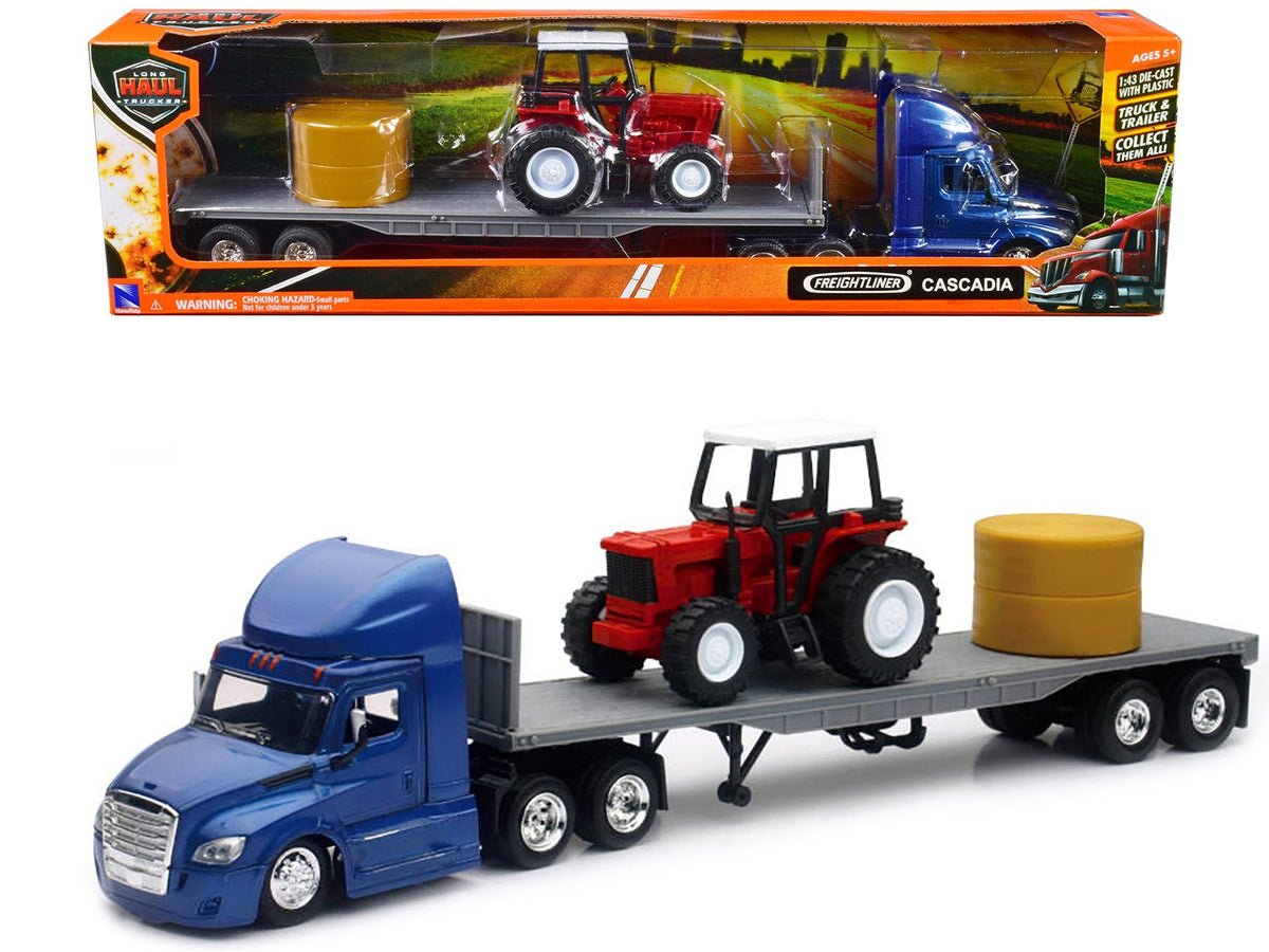 Rapid Vehicles Freightliner Cascadia with Flatbed Trailer Blue with Farm Tractor Red and Hay...