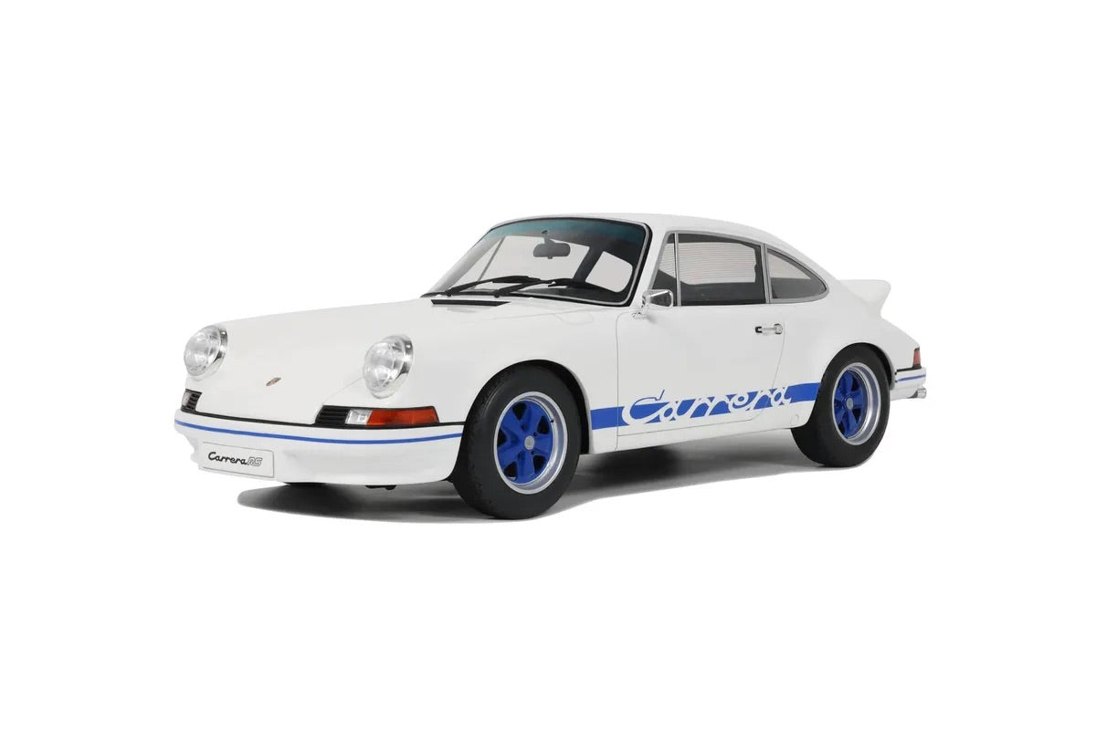 STM Diecast GT Spirit 1973 Porsche 911 Carrera RS 2.7 Coupe White w/ Blue Wheels and Deco 1:12