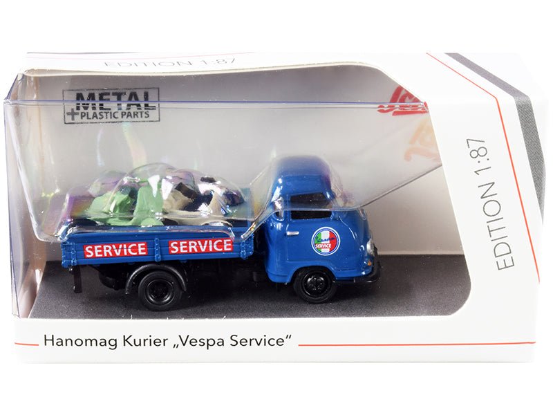 Rapid Vehicles Hanomag Kurier Transporter "Vespa Service" Blue with 2 Vespas (Green and Cream)...