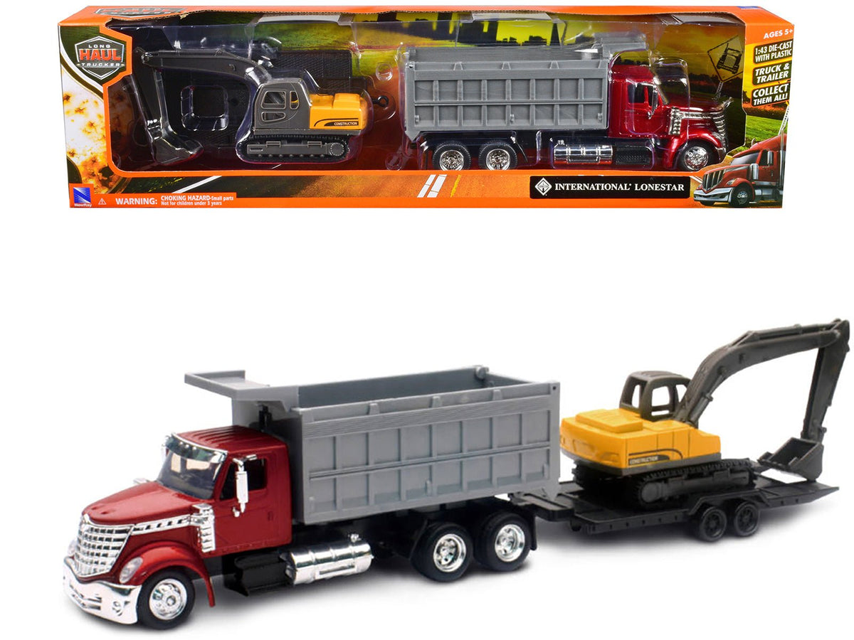 Rapid Vehicles International Lonestar Dump Truck Red and Tracked Excavator Yellow with Flatbed...