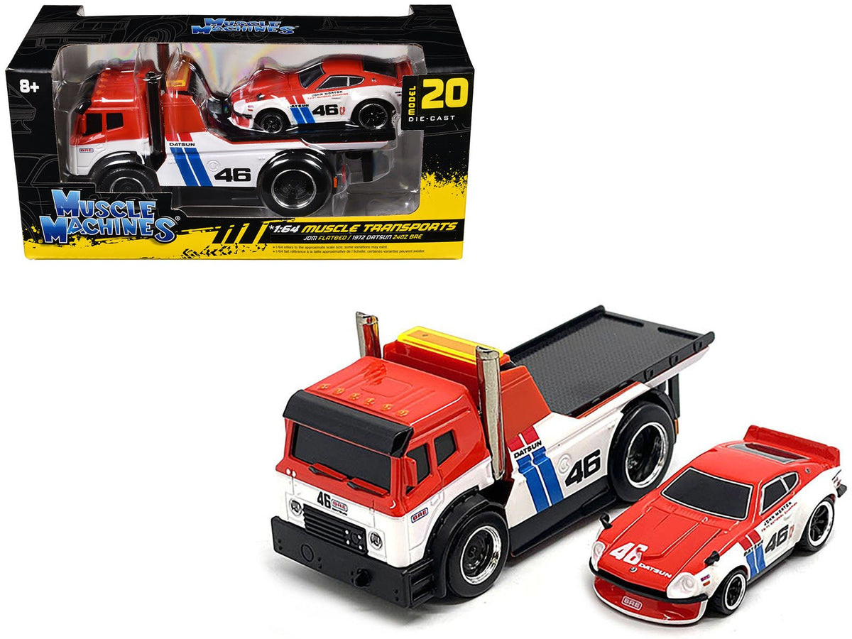 Rapid Vehicles JDM Flatbed Truck #46 Red and White with Blue Stripes and 1972 Datsun 240Z #46 Red...