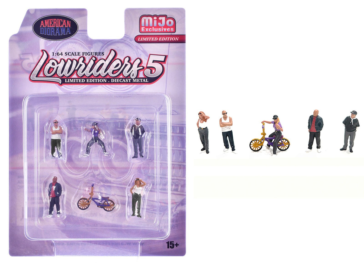 Rapid Vehicles "Lowriders #5" 6 piece (5 People 1 Bicycle) Diecast Figures Set 1/64 Scale Models...
