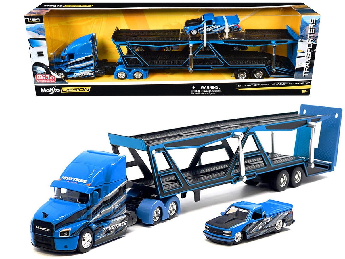 Rapid Vehicles Mack Anthem Open Car Hauler Blue with Graphics and 1993 Chevrolet 454 SS Pickup...