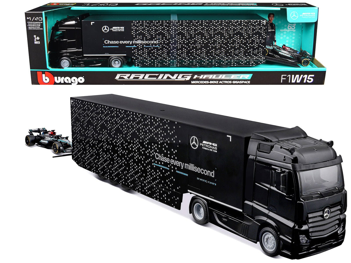 Rapid Vehicles Mercedes-Benz Actros Gigaspace Car Transporter Black and Mercedes-AMG F1 W15 E...