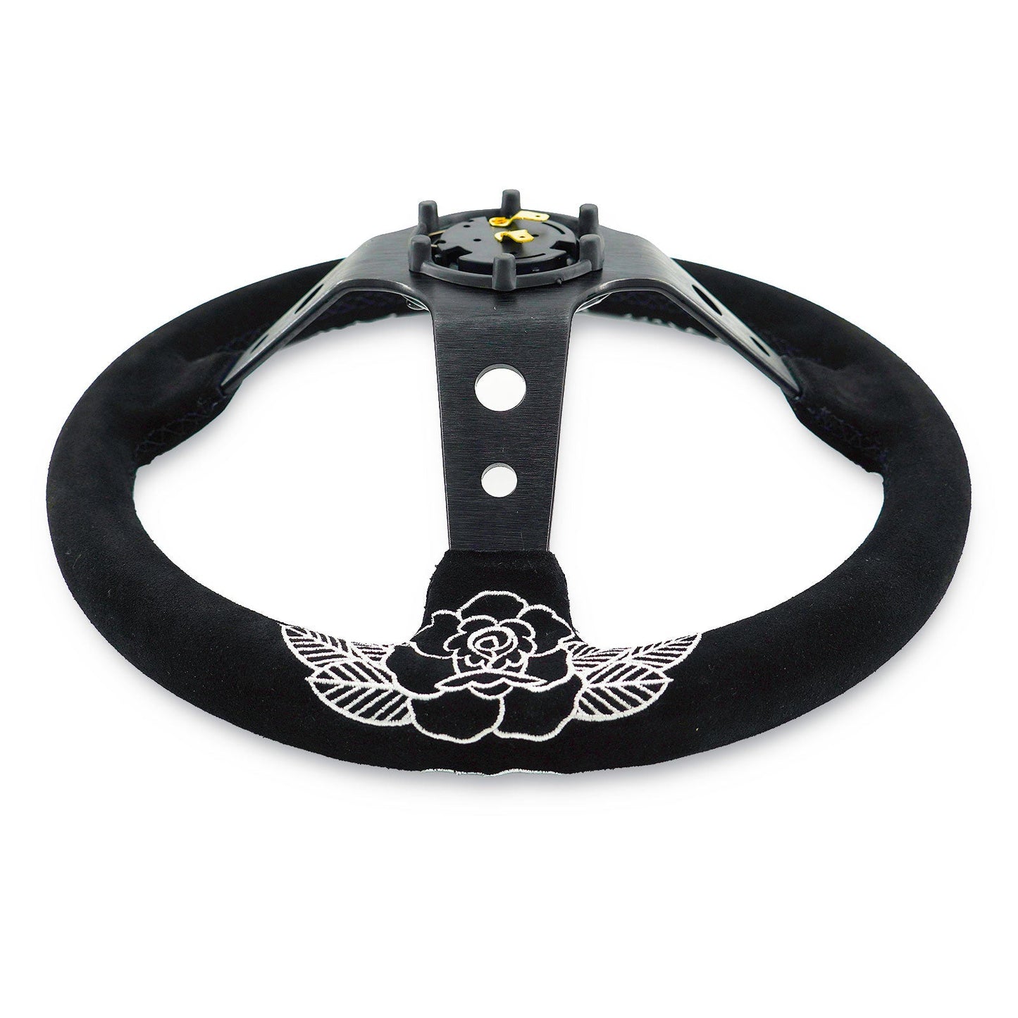 Custom Rose Universal 350mm 3" Deep Dish 6-Bolt Steering Wheel Black Suede Alcantara