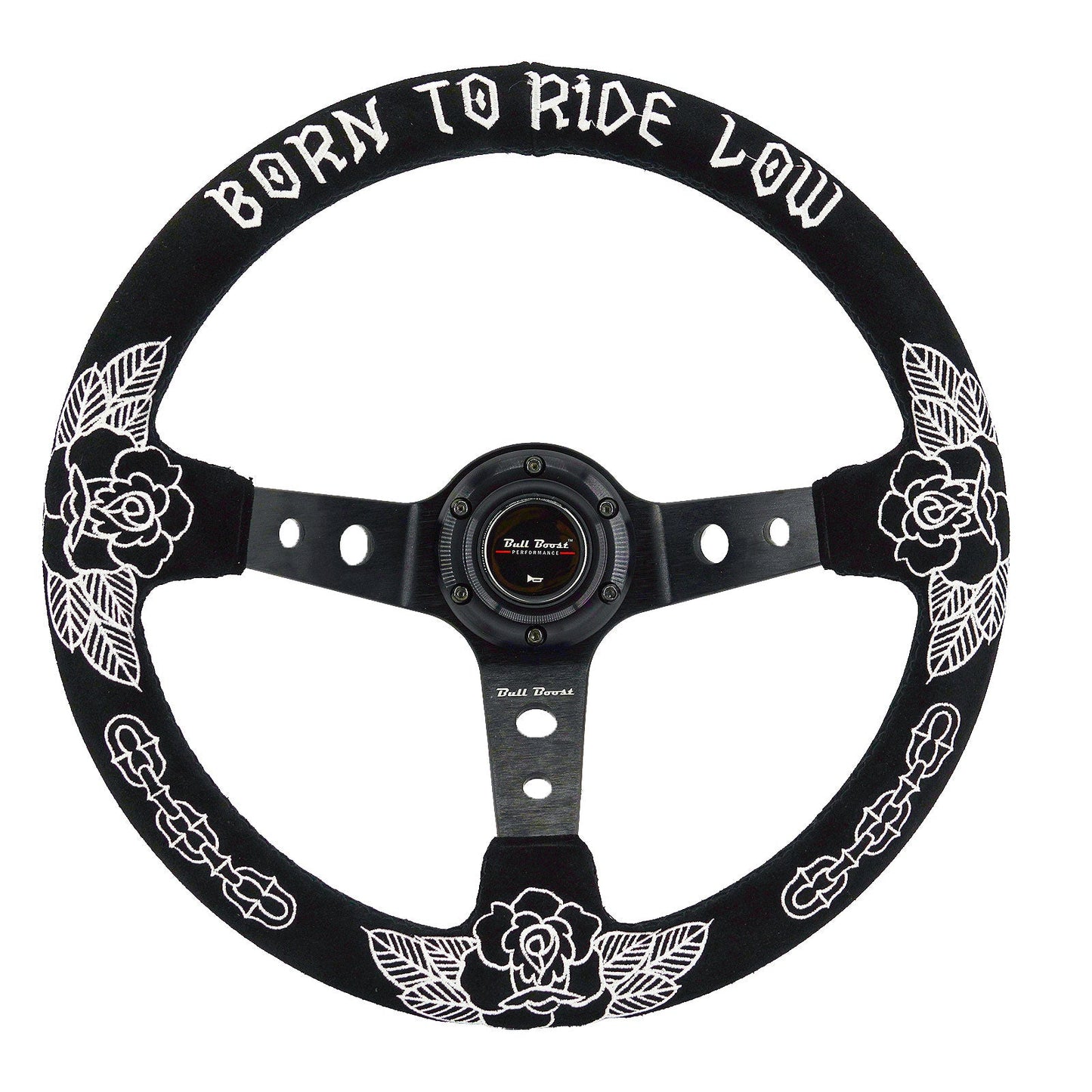 Custom Rose Universal 350mm 3" Deep Dish 6-Bolt Steering Wheel Black Suede Alcantara