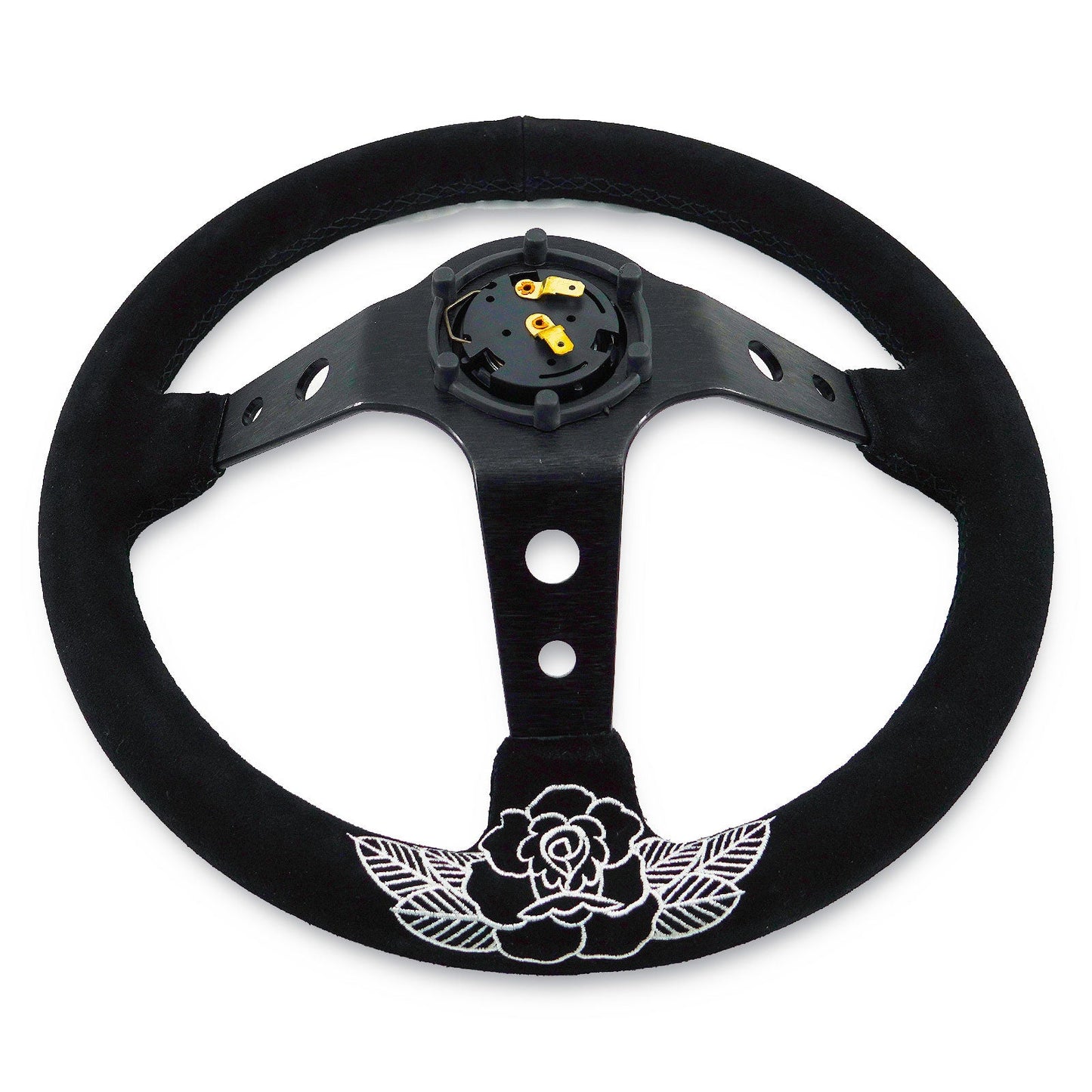 Custom Rose Universal 350mm 3" Deep Dish 6-Bolt Steering Wheel Black Suede Alcantara