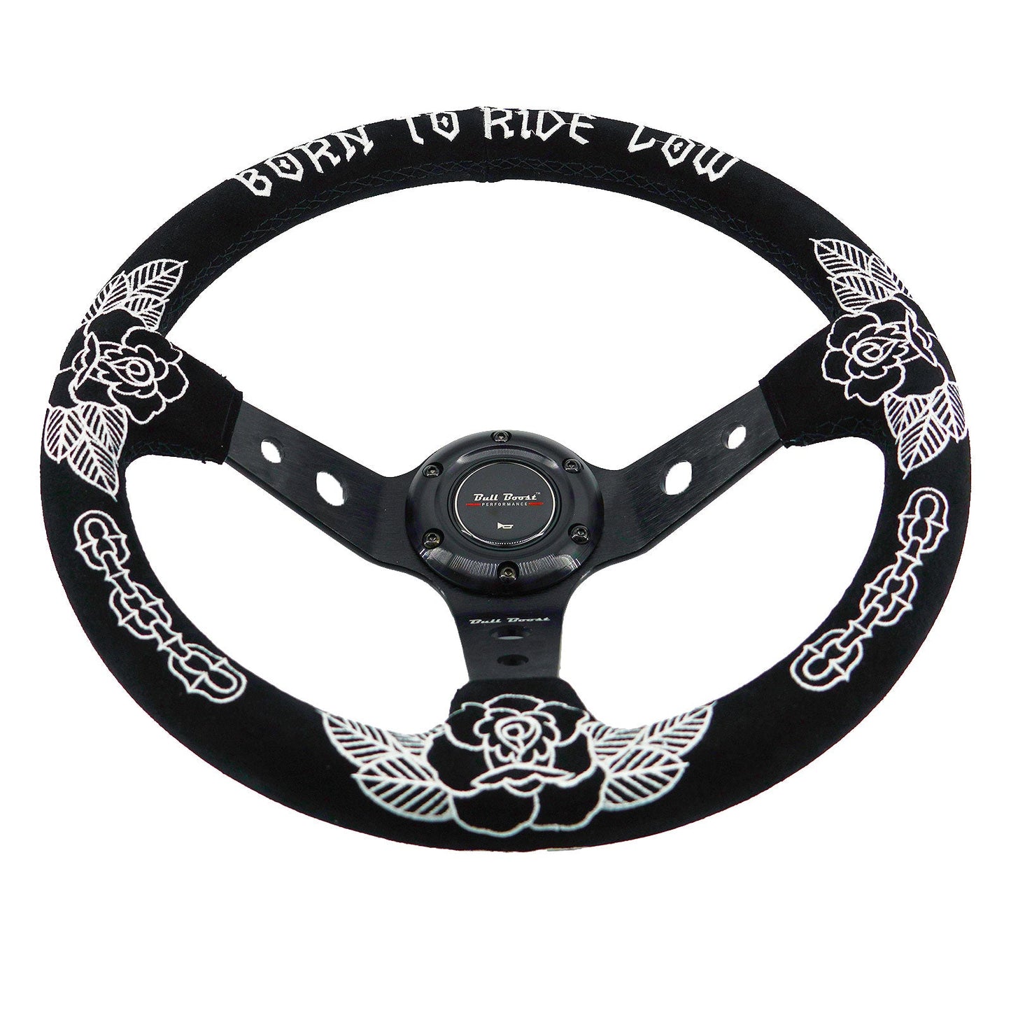 Custom Rose Universal 350mm 3" Deep Dish 6-Bolt Steering Wheel Black Suede Alcantara