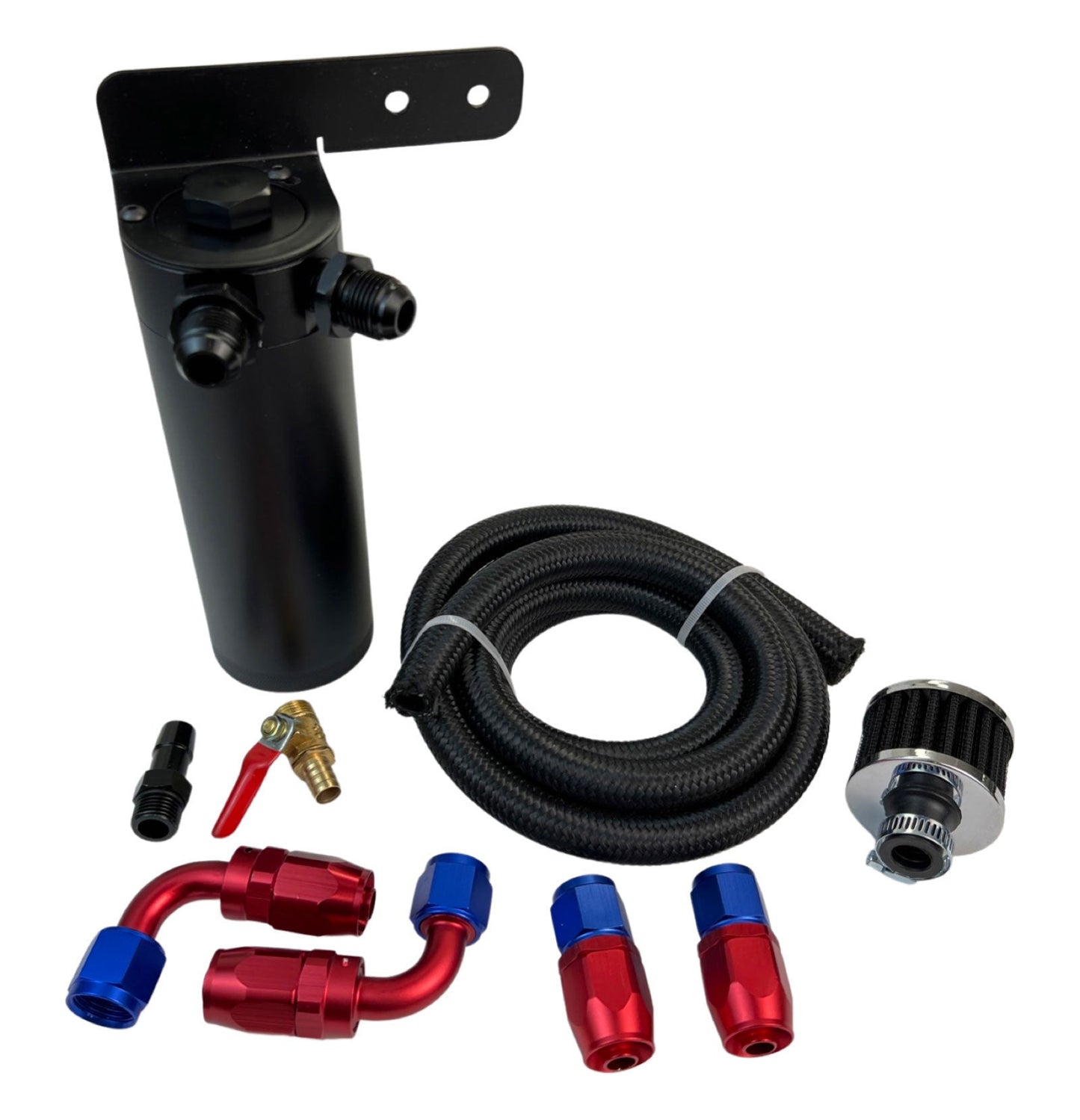 Red Universal Oil Catch Can XL 2Port -10AN + Mounting Bracket Kit + Filter 7.50z