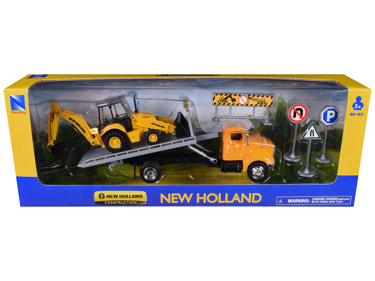 Rapid Vehicles Peterbilt 335 Roll-Off Flatbed Truck and New Holland B110C Backhoe Loader with...