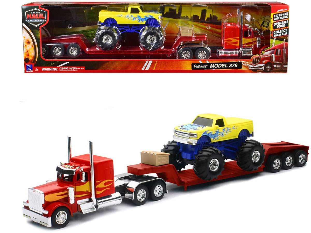 Rapid Vehicles Peterbilt 379 Truck with Lowboy Trailer Red with Orange Flames and Monster Truck...
