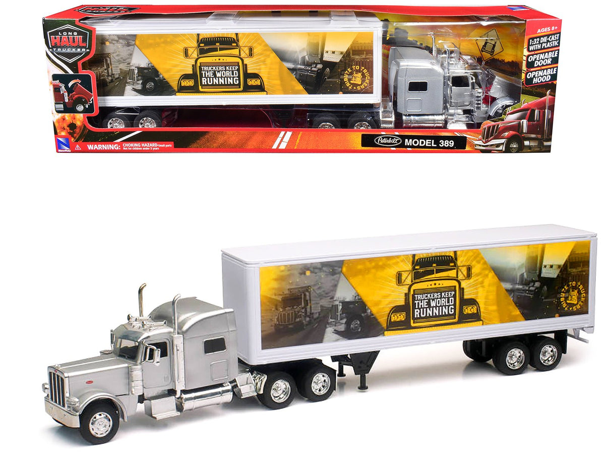 Rapid Vehicles Peterbilt 389 Truck Silver Metallic with Dry Van Trailer "Trucker Keep The World...