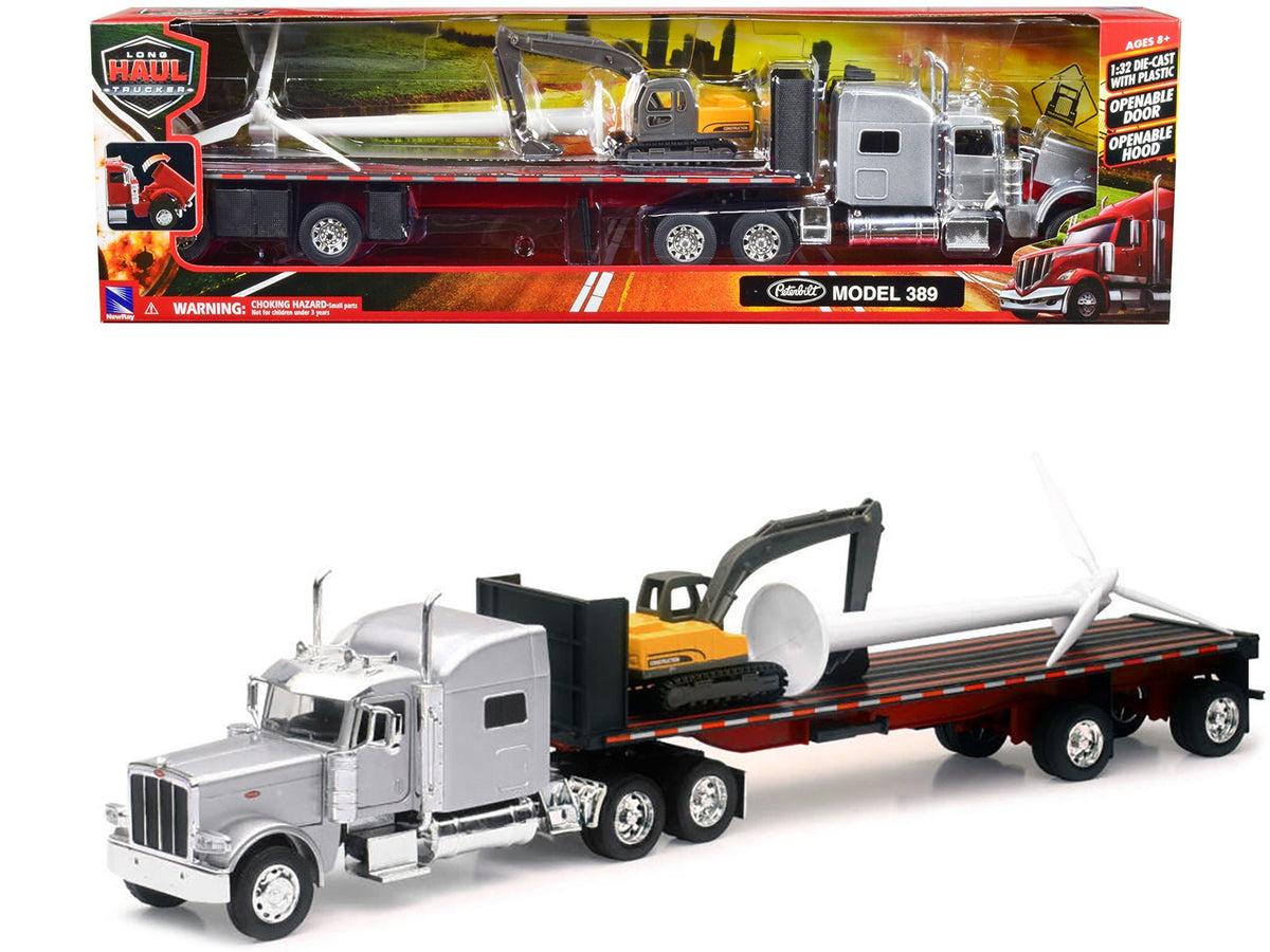 Rapid Vehicles Peterbilt 389 Truck with Flatbed Trailer Silver Metallic with Excavator and Wind...