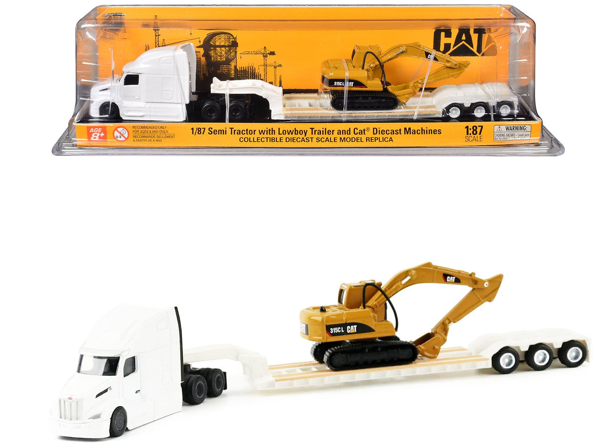 Rapid Vehicles Peterbilt 579 Tractor White with Lowboy Trailer and CAT 315C Excavator Yellow 1/87...