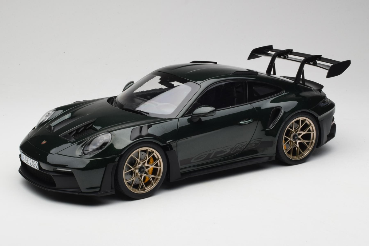 STM Diecast Norev 2022 Porsche 911 992 GT3 RS Jet Green Metallic w/ Black Deco & Gold Wheels 1:12