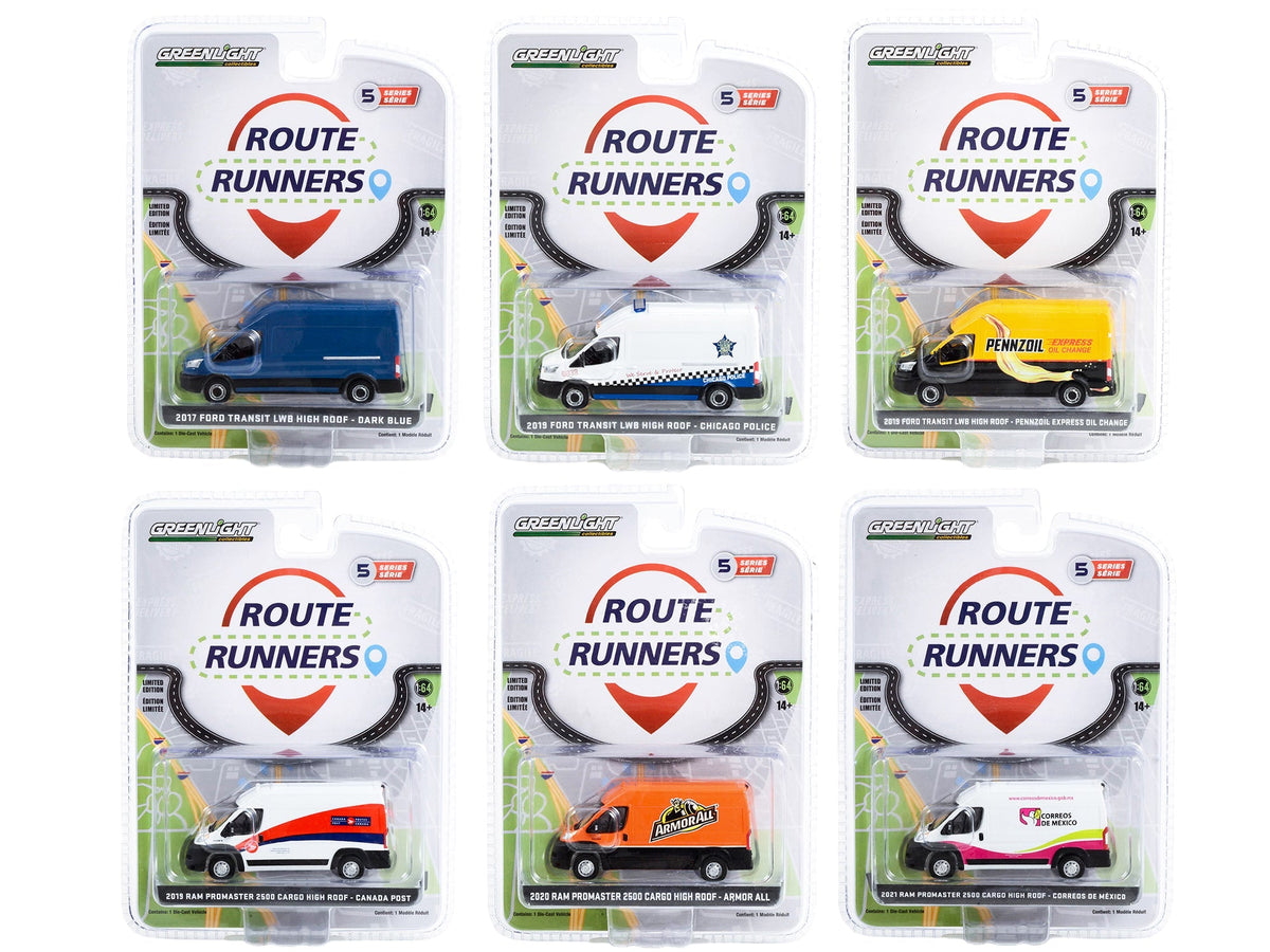 Rapid Vehicles "Route Runners" Set of 6 Vans Series 5 1/64 Diecast Model Cars by Greenlight  free...