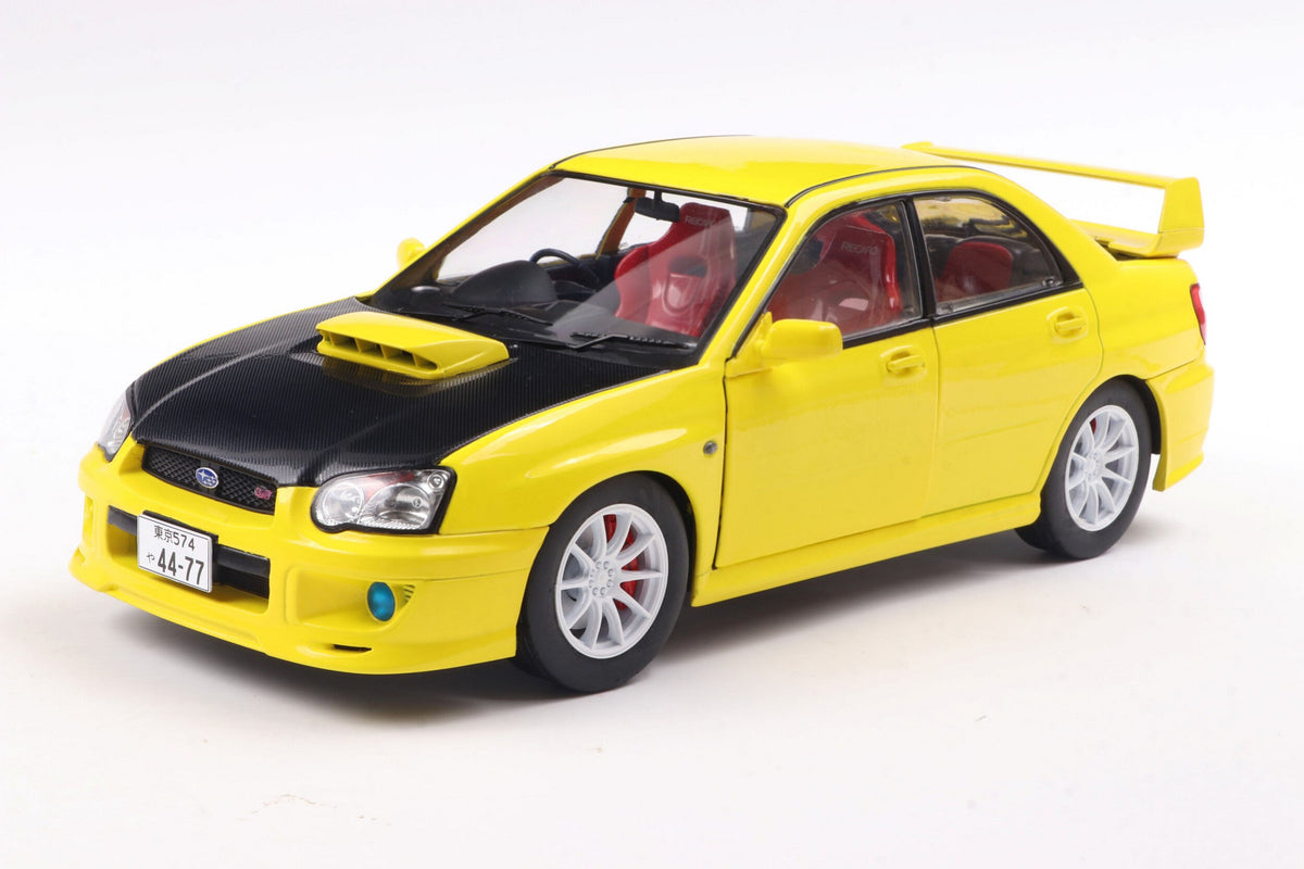 STM Diecast Solido 2003 Subaru WRX STi (GDB) Streetfighter Yellow w/ Black Carbon Hood 1:18
