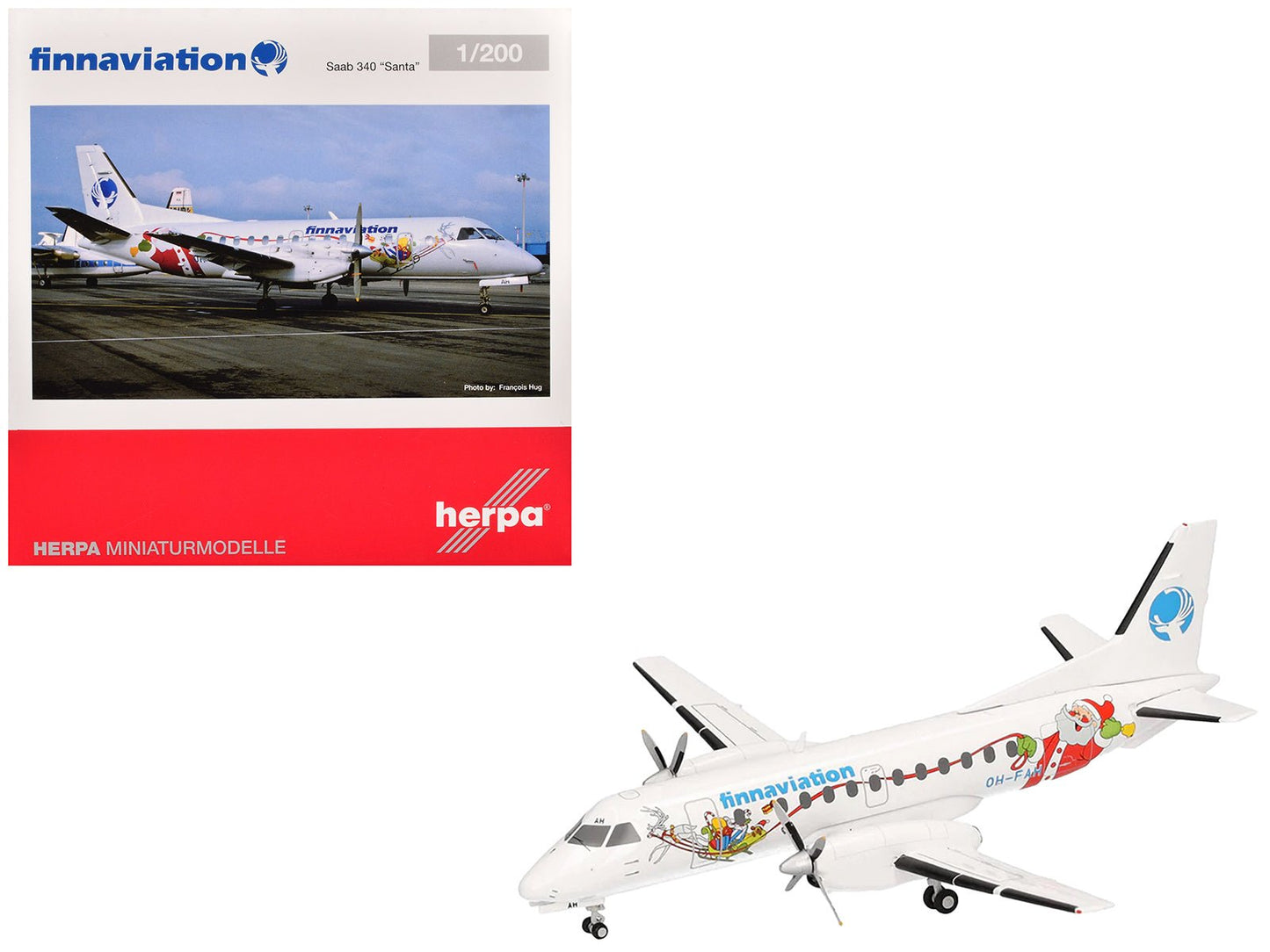Saab 340 Commercial Aircraft "Finnaviation - Santa Livery" (OH-FAH) White with Graphics 1/200 Diecast Model Airplane by Herpa  free shipping USA