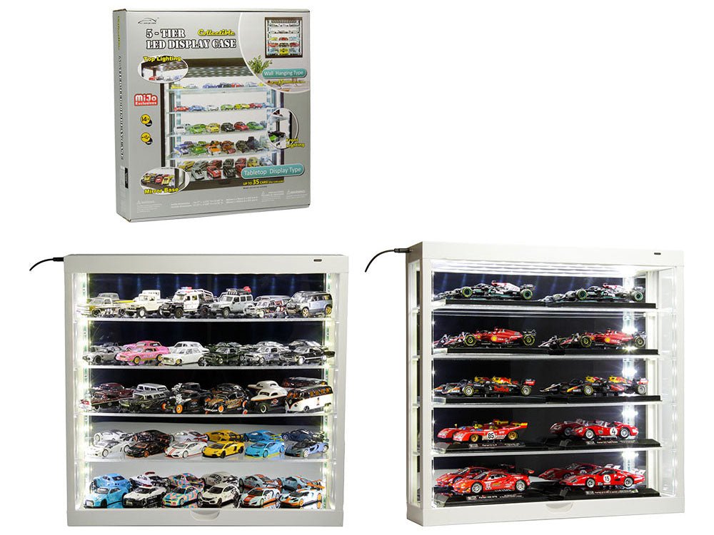 Rapid Vehicles Showcase Wall Mount 5 Tier Display Case White with Mirror Back Panel "Mijo...