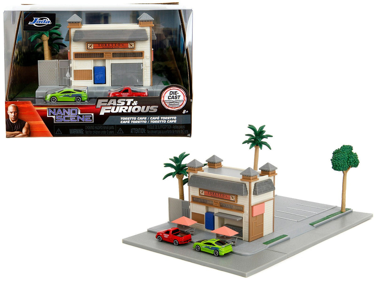 Rapid Vehicles Toretto Cafe Diorama with Mitsubishi Eclipse Green and Ford F-150 SVT Lightning...