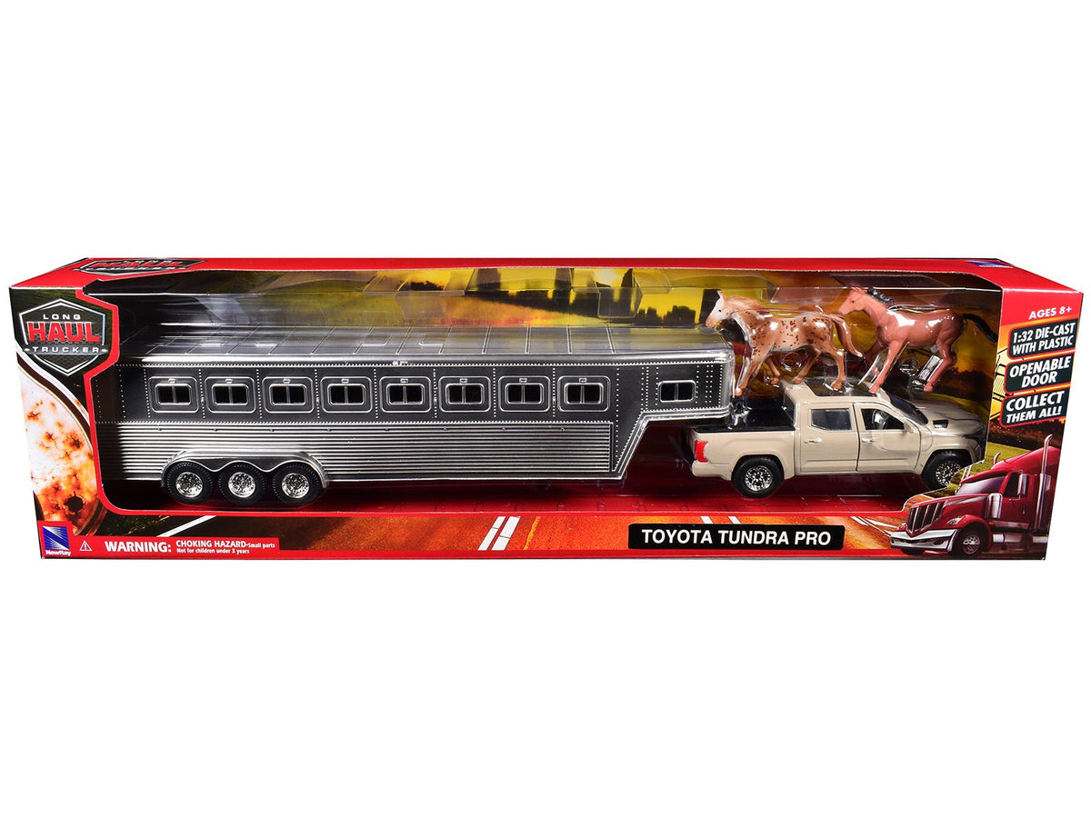 Rapid Vehicles Toyota Tundra Pro Pickup Truck Beige with Horse Trailer Chrome and Horse Figures...