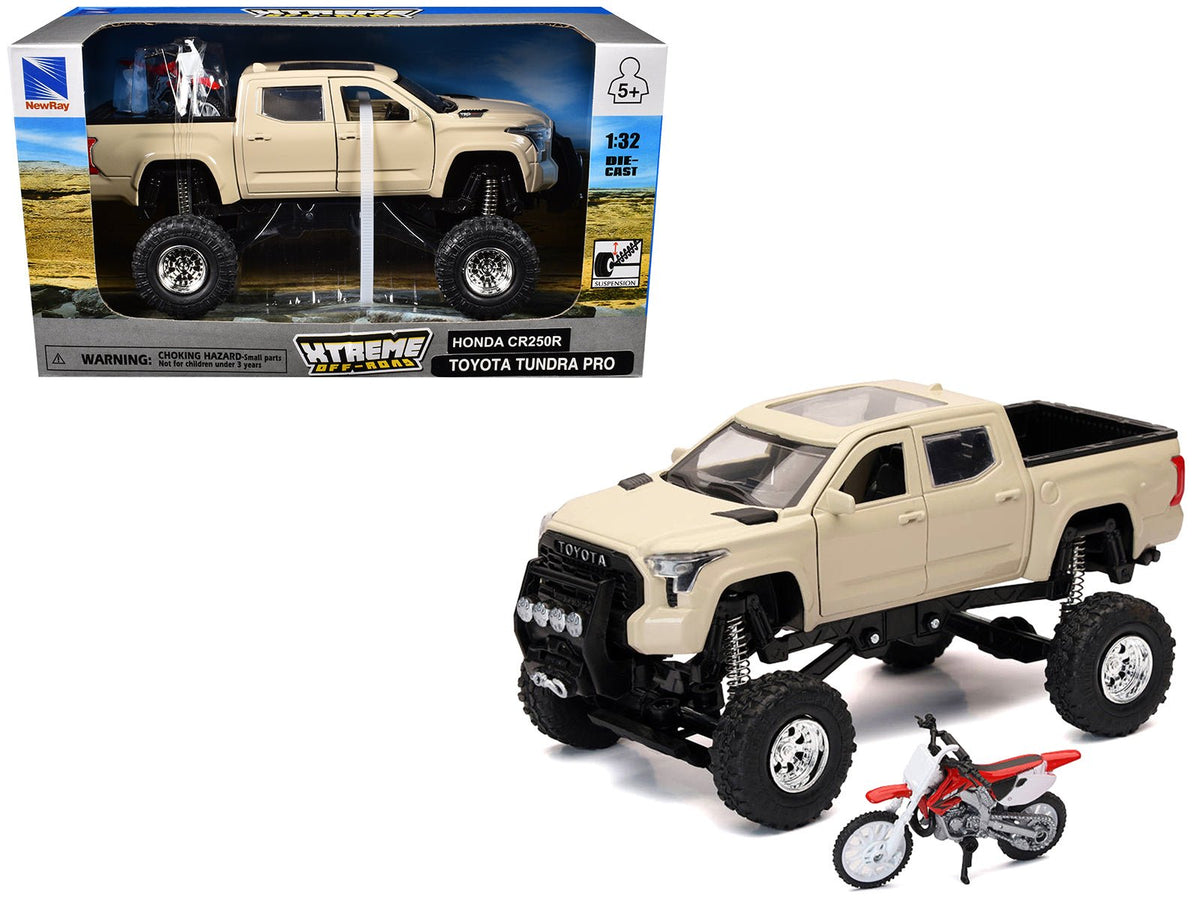 Rapid Vehicles Toyota Tundra Pro Pickup Truck Tan and Honda CR250R Motorcycle Red and White...