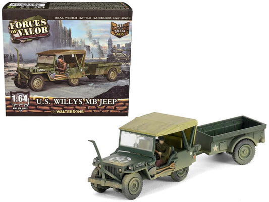 Rapid Vehicles Willys MB Jeep with Trailer Olive Drab (Weathered) with Driver Figure "United...